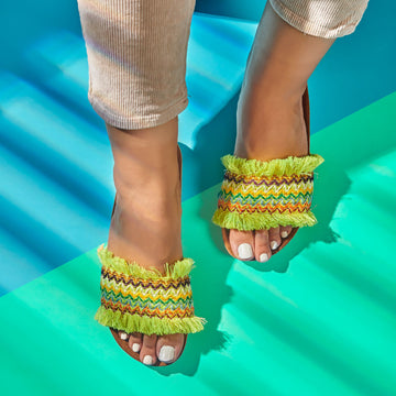 Yenile | Fringy Summer Slippers - Green