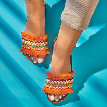Yenile | Fringy Summer Slippers - Orange