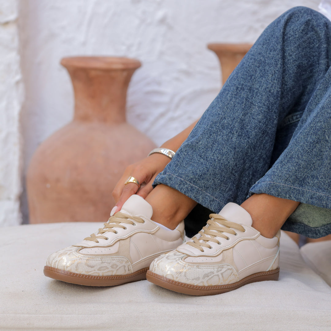 Beige Python-Texture Sneakers | Sleek & Stylish Casual Shoes