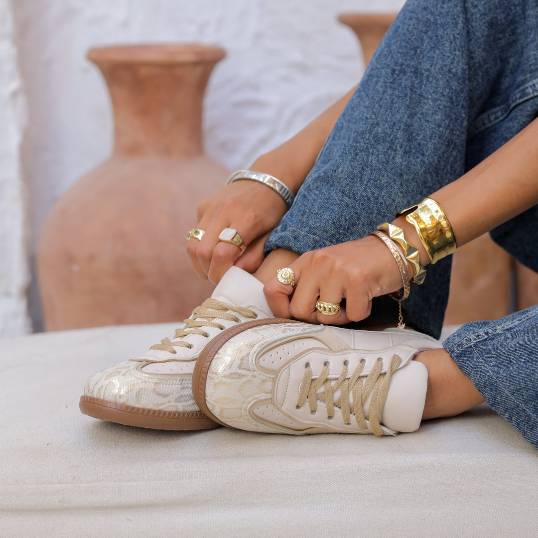 Beige Python-Texture Sneakers | Sleek & Stylish Casual Shoes