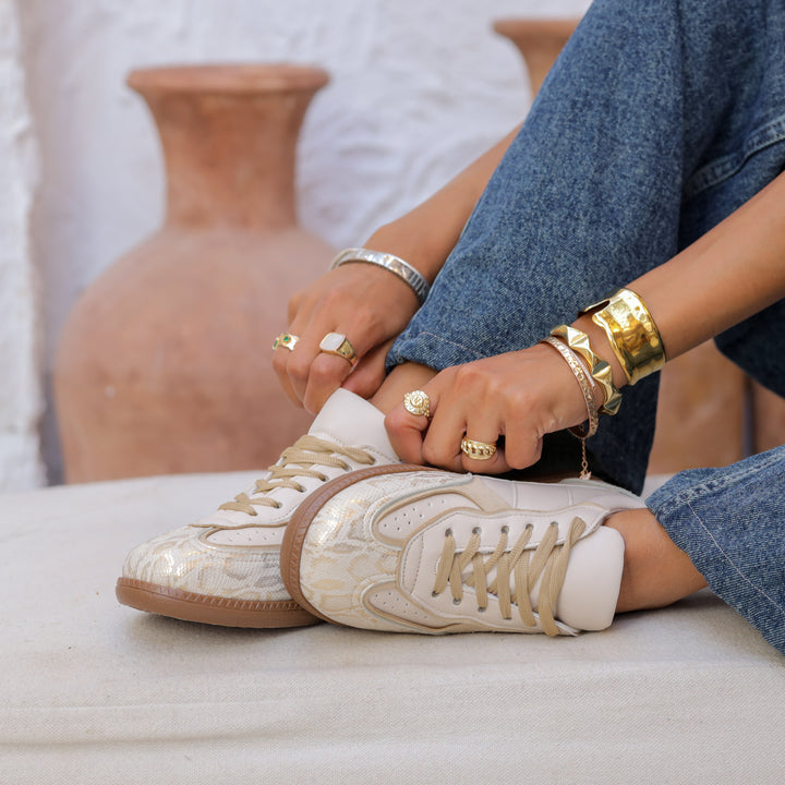 Beige Python-Texture Sneakers | Sleek & Stylish Casual Shoes