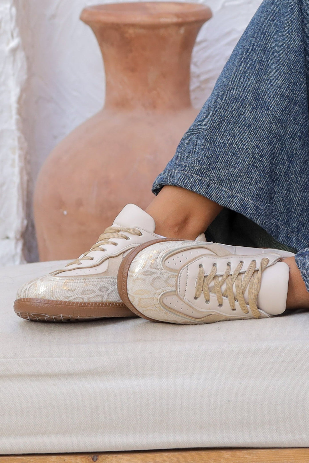 Beige Python-Texture Sneakers | Sleek & Stylish Casual Shoes