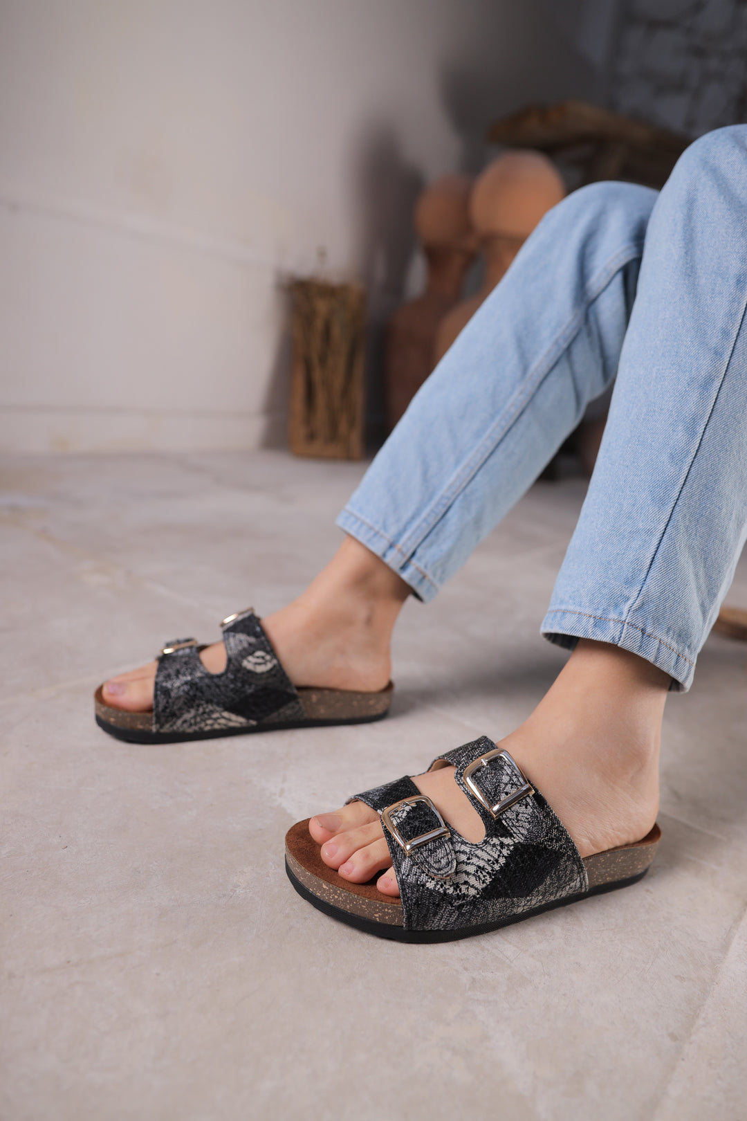 Midnight Luxe Snake-Print Slides
