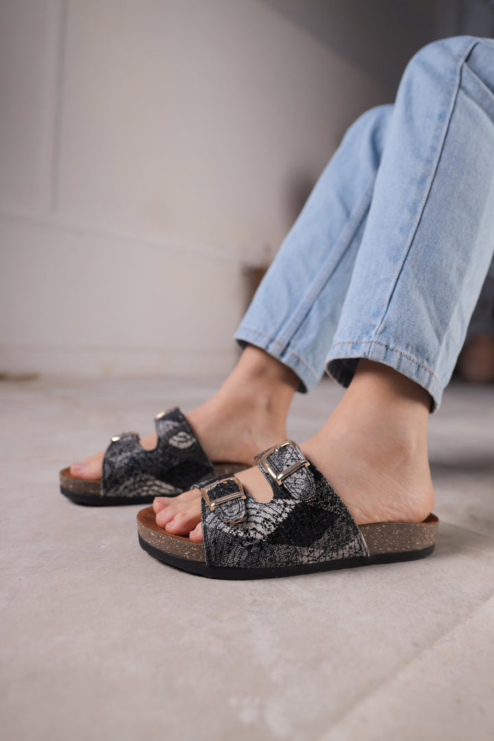 Midnight Luxe Snake-Print Slides