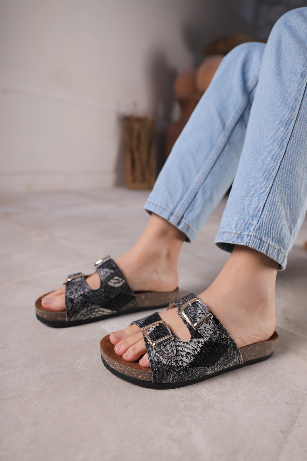 Midnight Luxe Snake-Print Slides