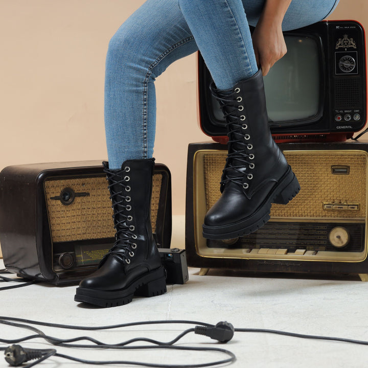 High Laceup & Zipper Plain Leather Boots - Black