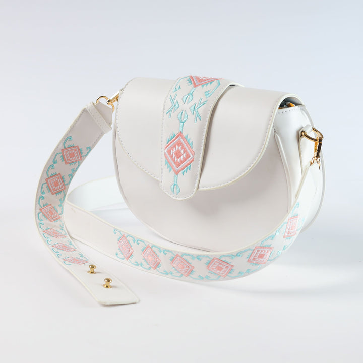 Abstract Embroidered Curved Crossbag - White