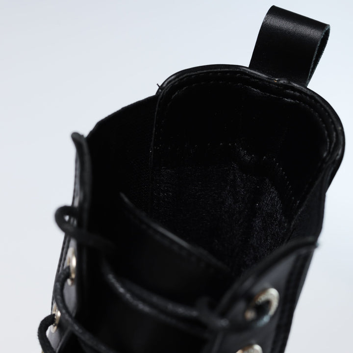 Chelsea Laceup & Zipper Plain Leather Boots - Black