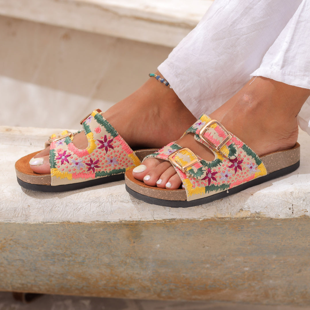 Boho Chic Embroidered Sandals Beige | Comfortable & Stylish