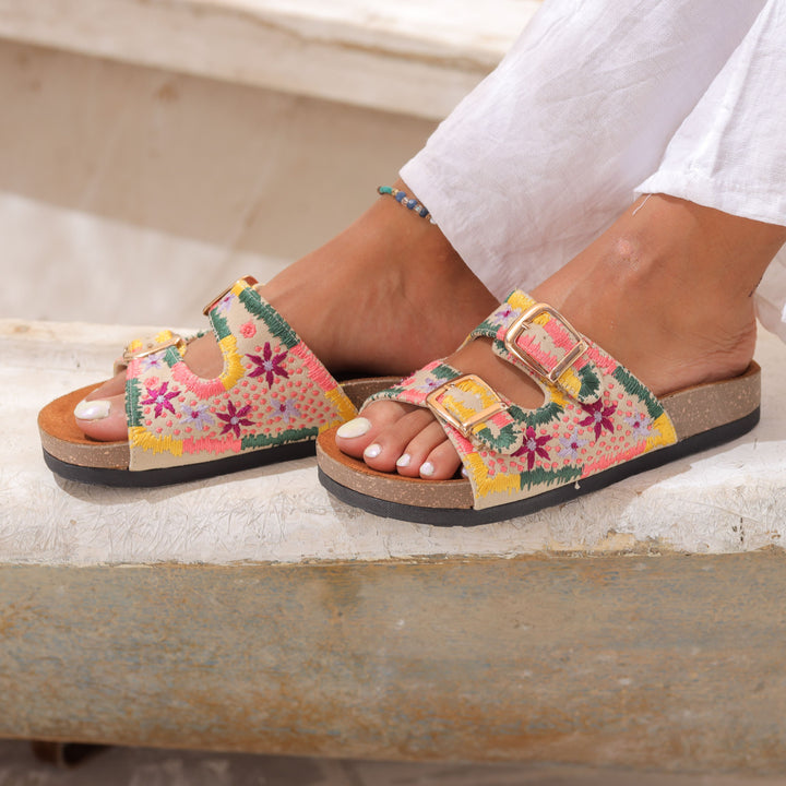 Boho Chic Embroidered Sandals Beige | Comfortable & Stylish