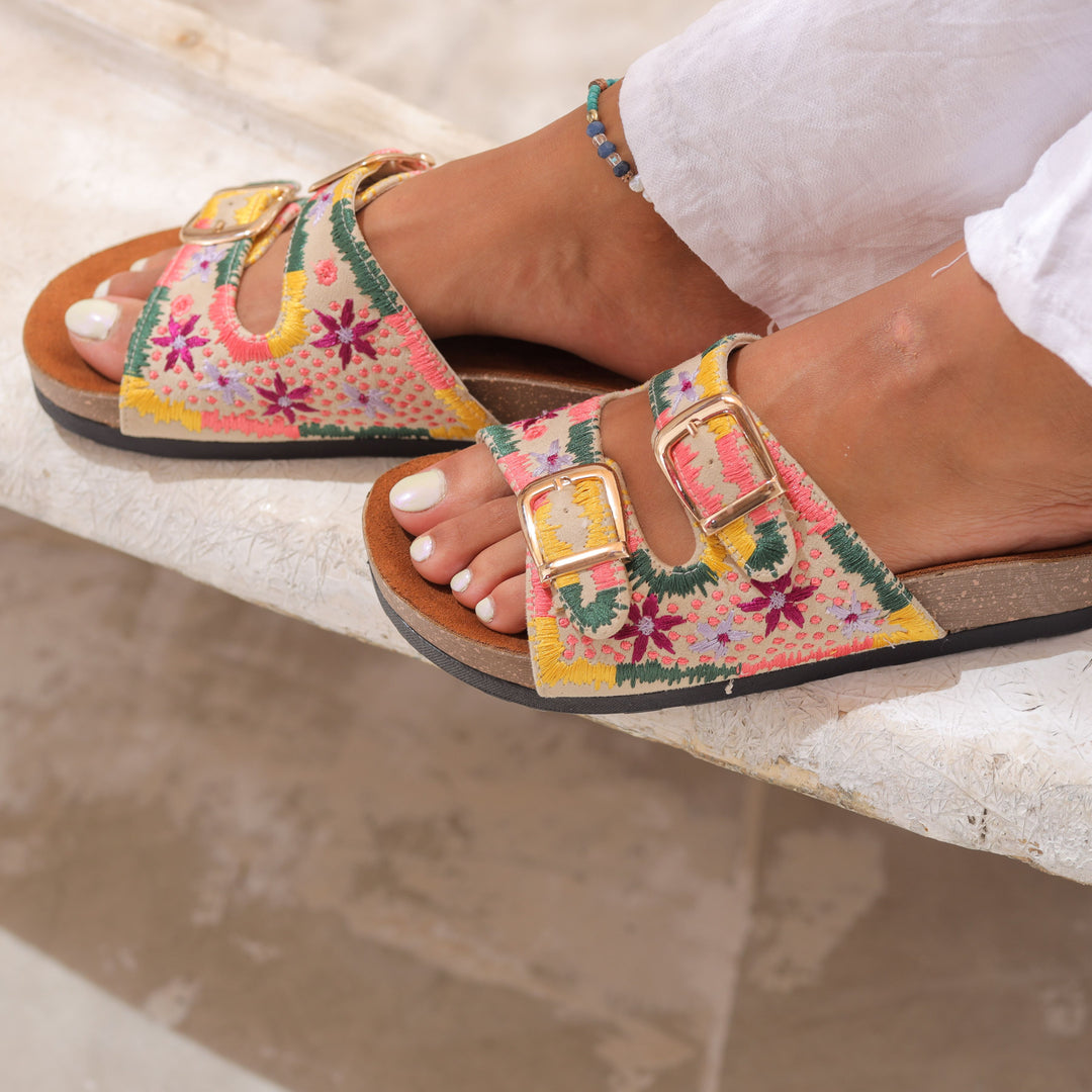 Boho Chic Embroidered Sandals Beige | Comfortable & Stylish
