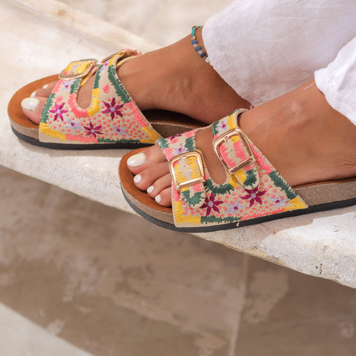 Boho Chic Embroidered Sandals Beige | Comfortable & Stylish