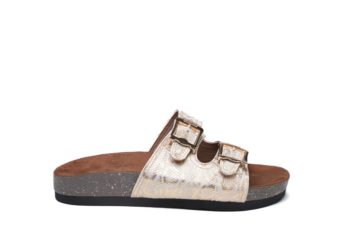 Shimmer Stride Buckle Sandals - Gold
