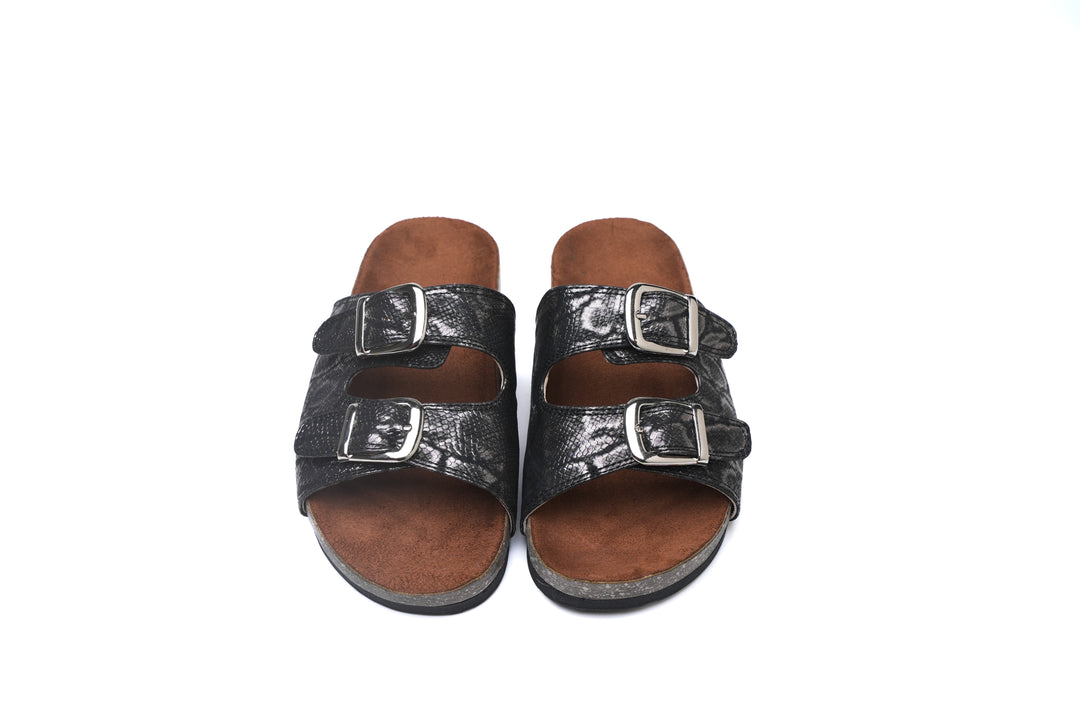 Shimmer Stride Buckle Sandals - Black