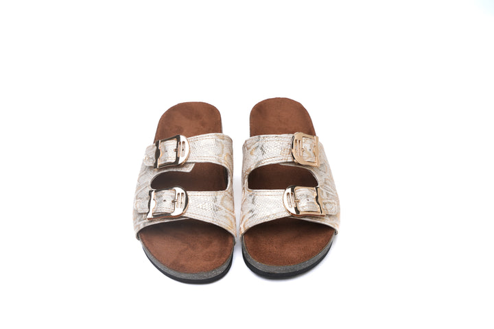 Shimmer Stride Buckle Sandals - Gold