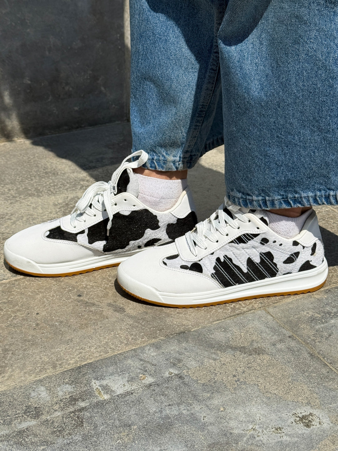 White and Black Suede & Animal Print Lace-Up Sneakers