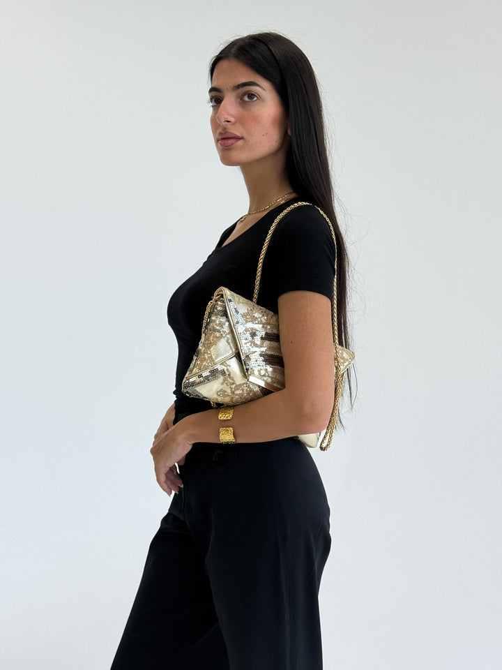 Gold Sequin Envelope Clutch with Chain Strap