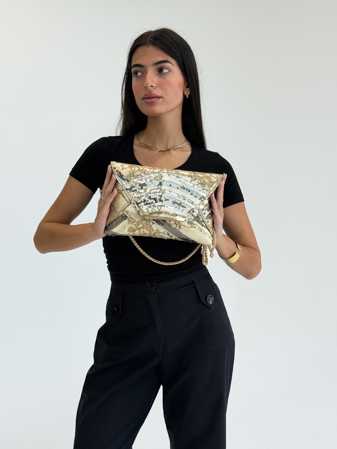 Gold Sequin Envelope Clutch with Chain Strap