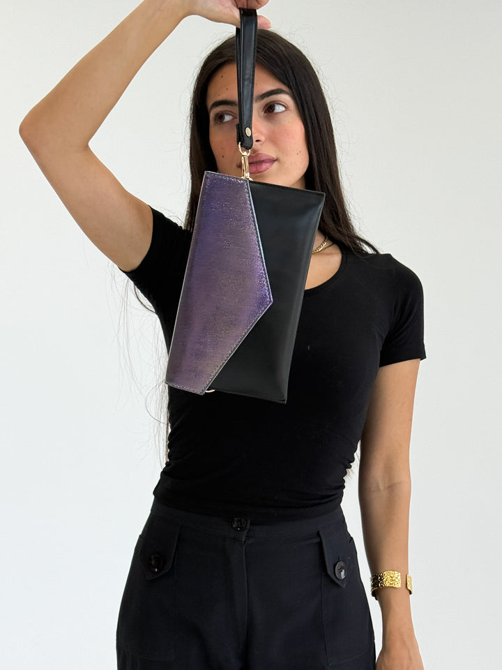 Iridescent Purple-Black Envelope Clutch with Shoulder Strap