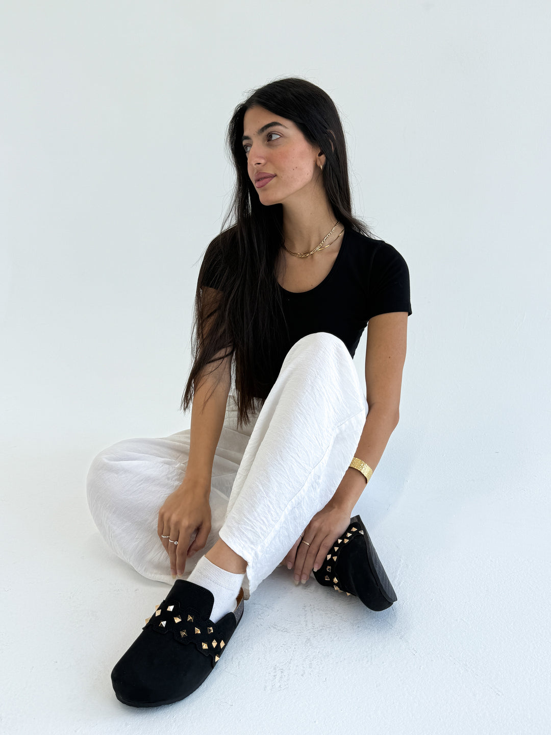 Black Suede Slip-On Mules with Gold Studs