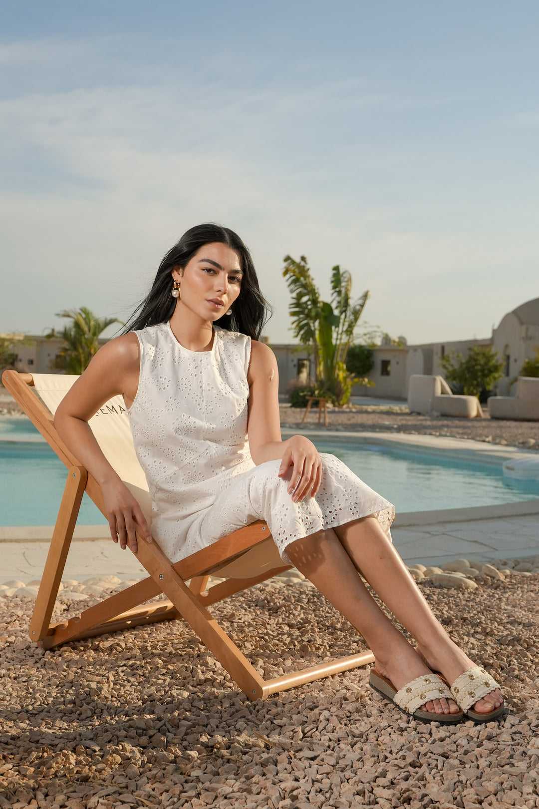 Beige Textured Slides with Gold Chain Embroidery – Elegant Wedge Summer Sandals by Havva Dose