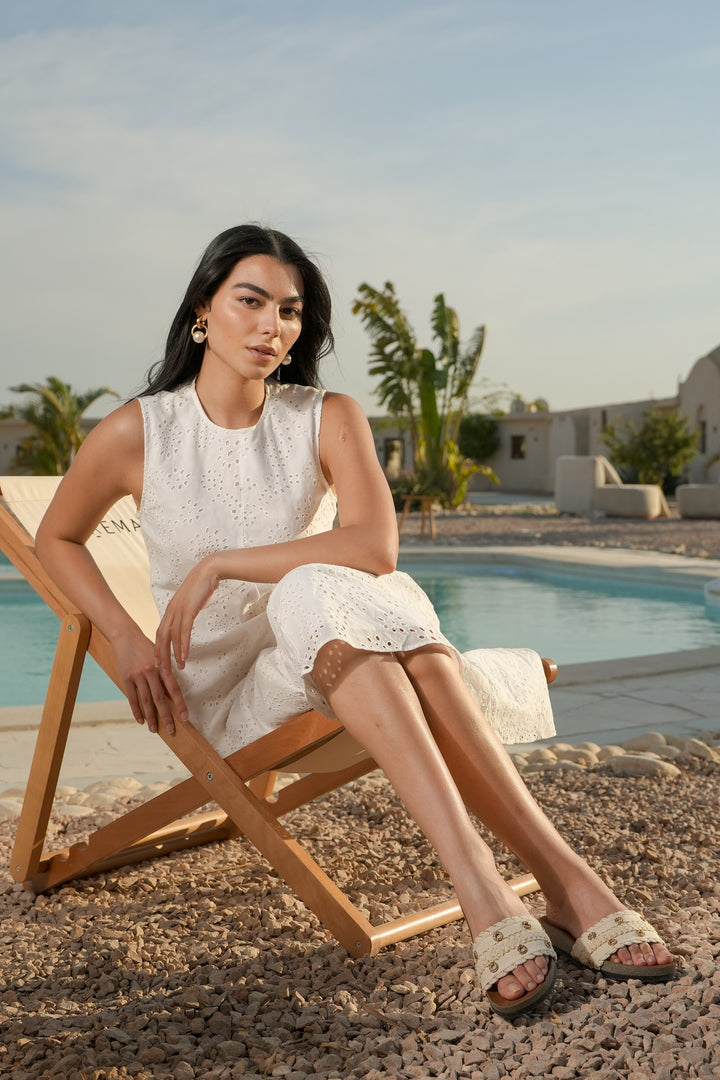 Beige Textured Slides with Gold Chain Embroidery – Elegant Wedge Summer Sandals by Havva Dose