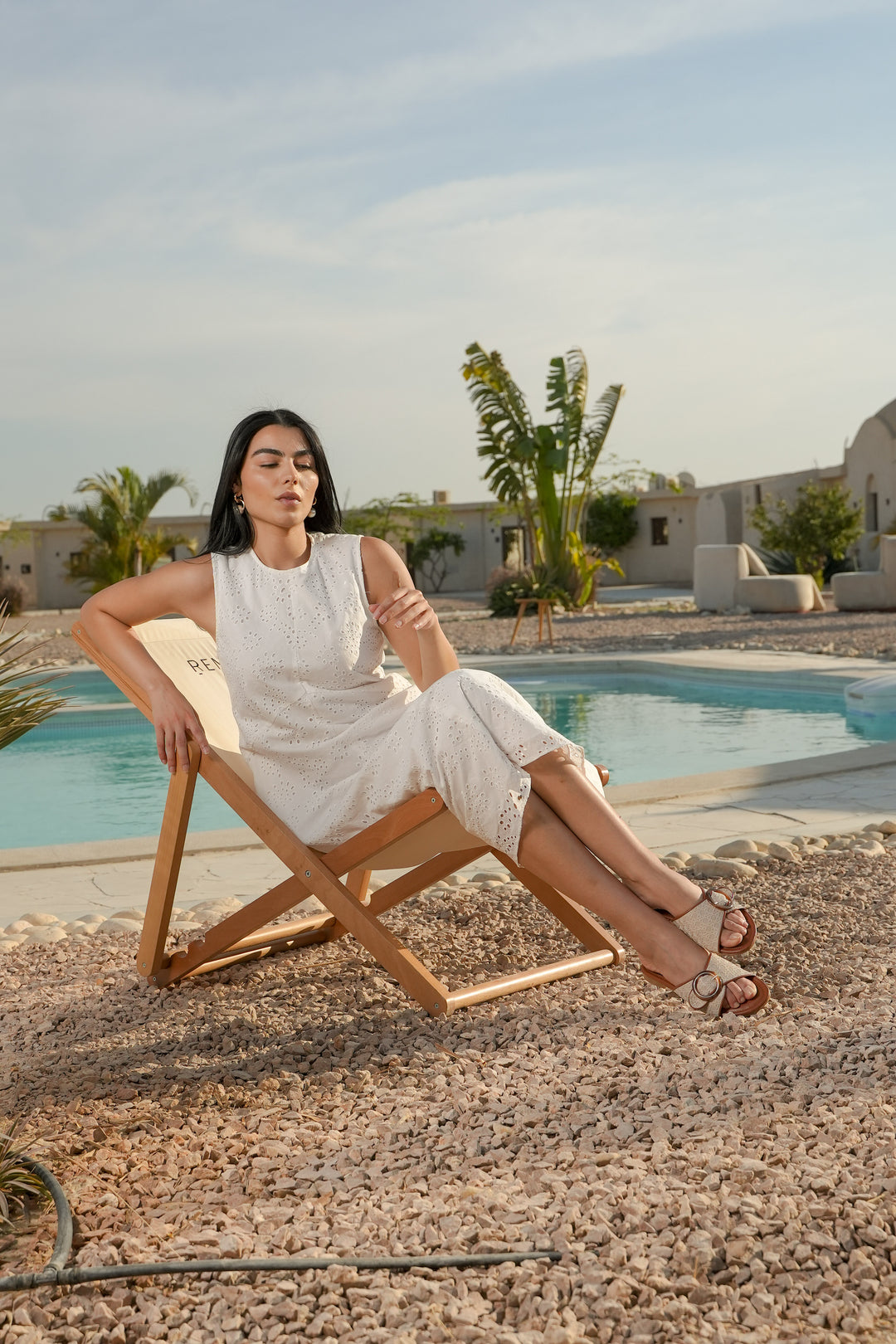 Beige Buckle Slide Sandals – Textured Summer Flats with Faux Leather Trim by Havva Dose