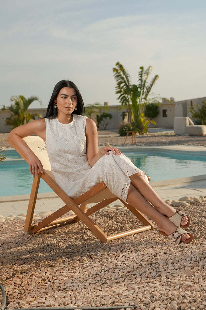 Beige Buckle Slide Sandals – Textured Summer Flats with Faux Leather Trim by Havva Dose