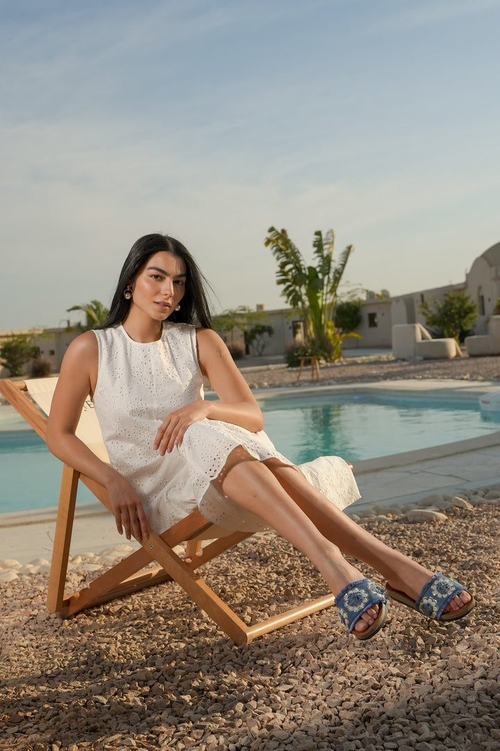 Denim Embroidered Flat Slides – Boho Summer Slip-Ons for Women by Havva Dose