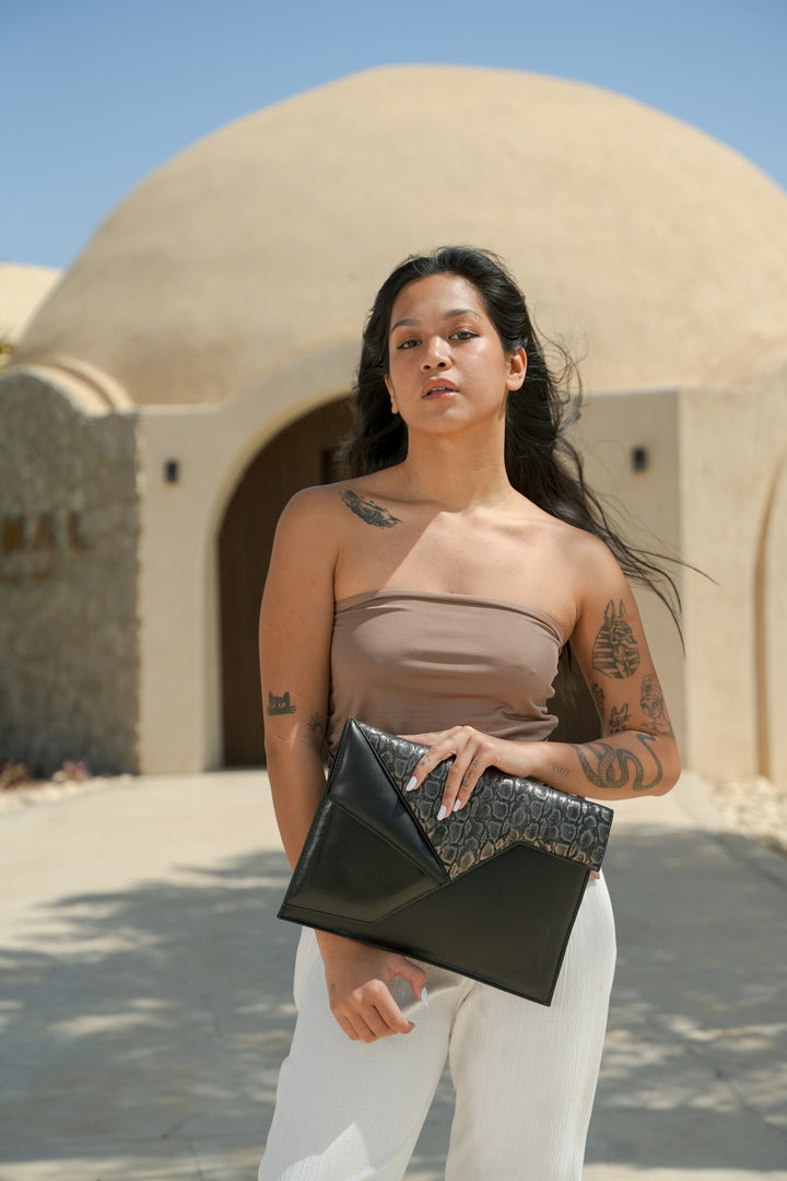 Noir Python Envelope Clutch