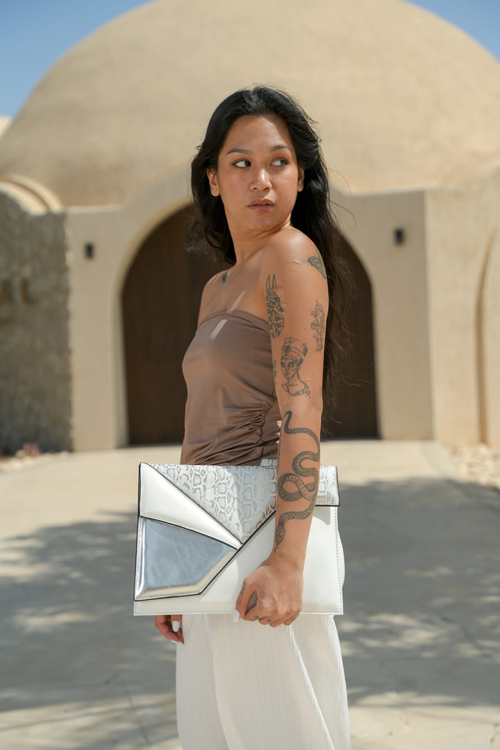 Python Envelope Clutch - White