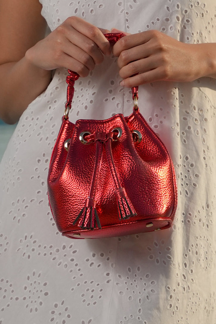 Laguna Woven Bucket Bag - Ruby Red Metallic