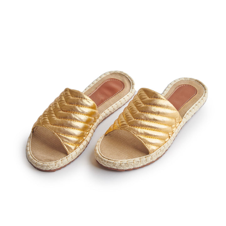 Shiny Stiched Stylish Espadrille-Like Slippers - Gold