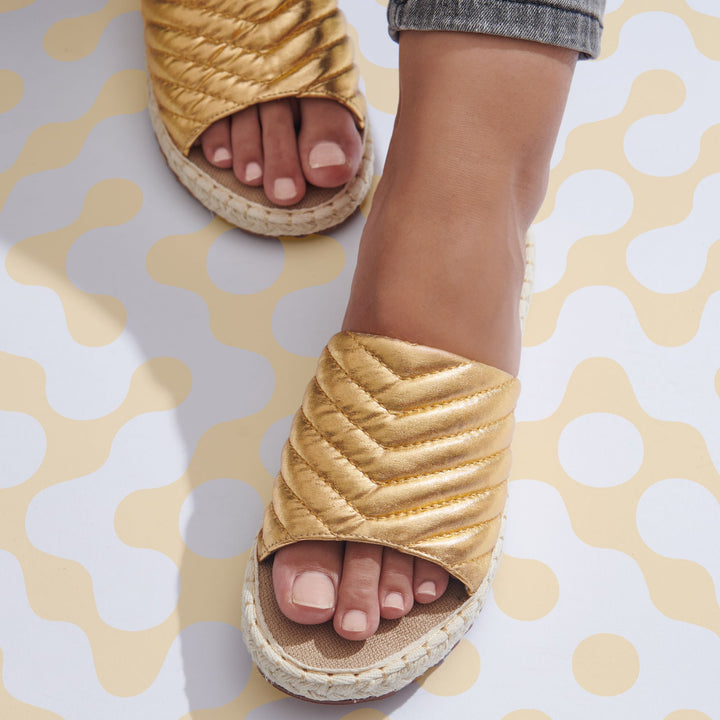 Shiny Stiched Stylish Espadrille-Like Slippers - Gold