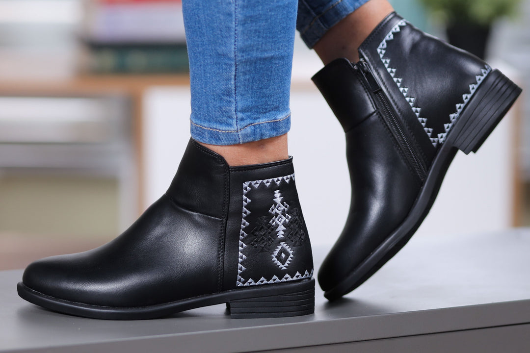 Black Back Embroidered Zipper Ankle Boots