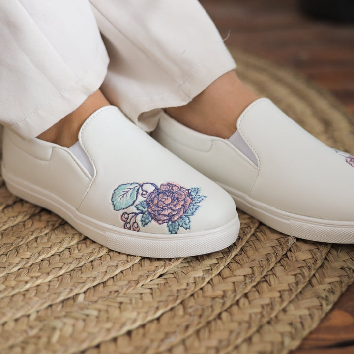 Rose Embroidered Slip-Ons - White