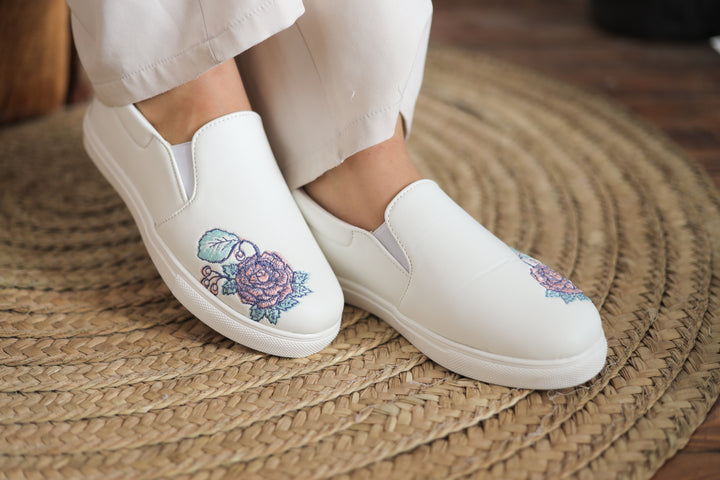 Rose Embroidered Slip-Ons - White