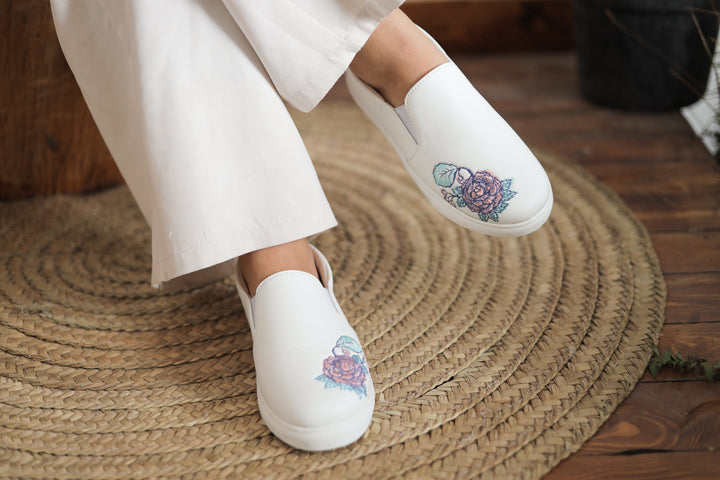 Rose Embroidered Slip-Ons - White