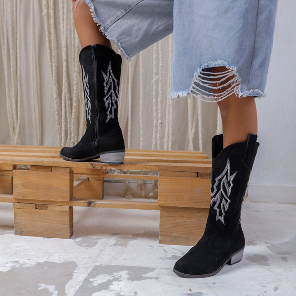 Cow Boy Texas Embroidered Knee Boots - Black