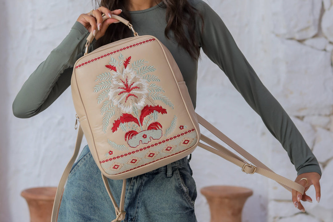 Embroidered Desert Backpack - Beige x Red