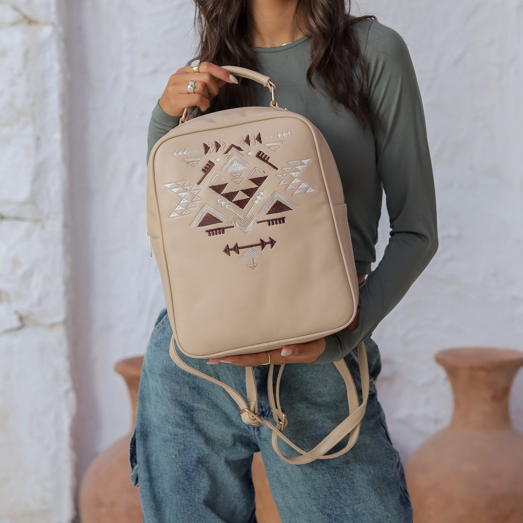 Embroidered Desert Backpack - Beige x Brown