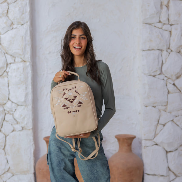 Embroidered Desert Backpack - Beige x Brown