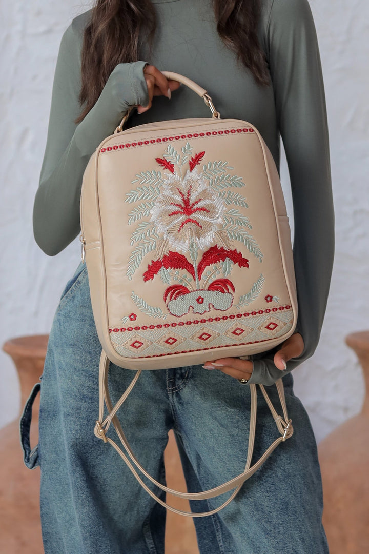 Embroidered Desert Backpack - Beige x Red