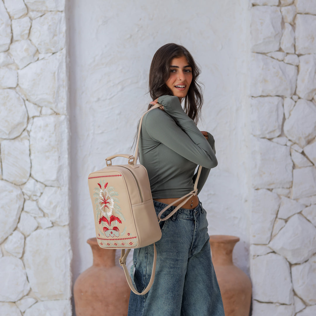 Embroidered Desert Backpack - Beige x Red