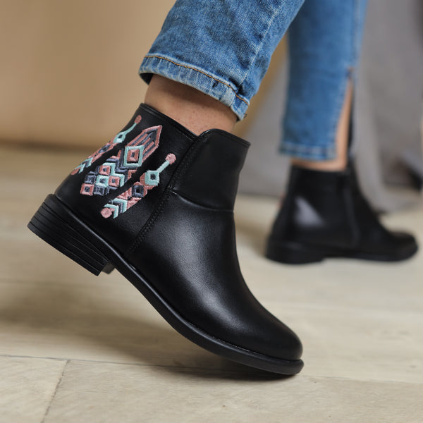 Black Back Embroidered Geometric Zipper Ankle Boots