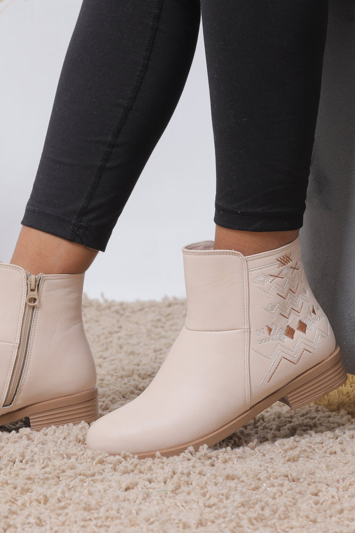 Stylish Ankle Boots with Embroidered Detail - Beige