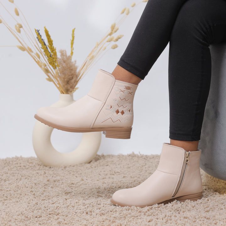 Stylish Ankle Boots with Embroidered Detail - Beige