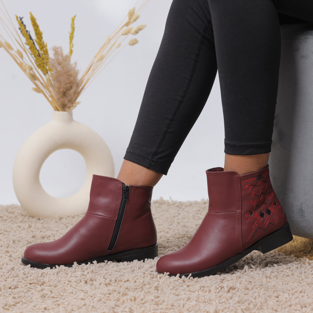 Stylish Ankle Boots with Embroidered Detail - Maroon