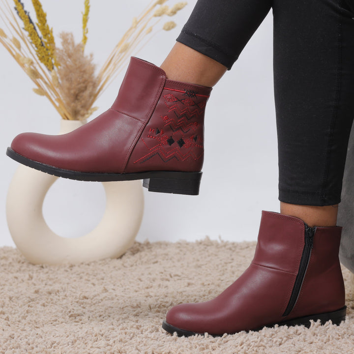 Stylish Ankle Boots with Embroidered Detail - Maroon