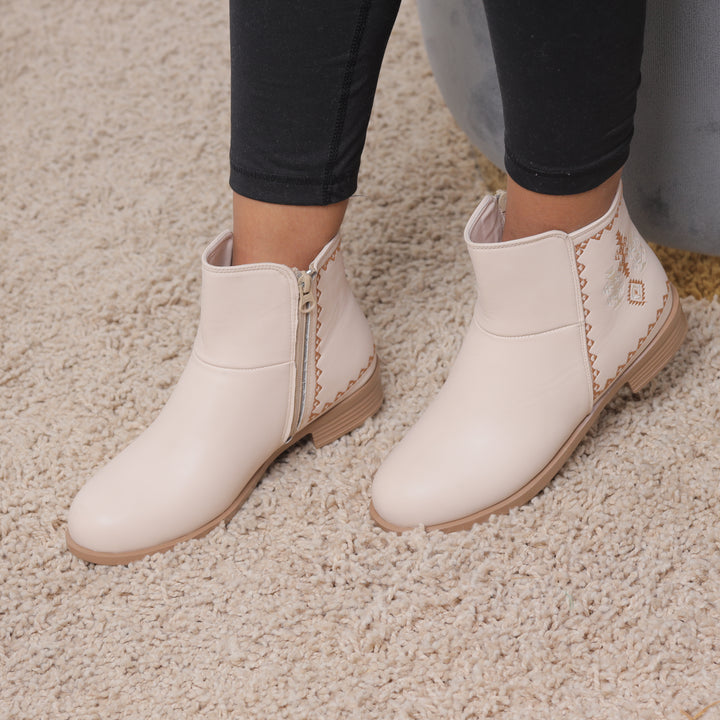 Beige Back Embroidered Zipper Ankle Boots